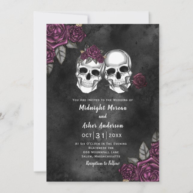 Invitación Boda de los Rosas florales góticos del cráneo (Anverso)