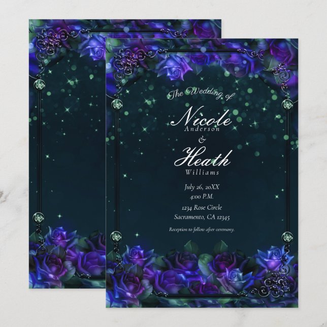 Invitación Boda de los Rosas Glow de Purple Green Garden enca (Anverso / Reverso)