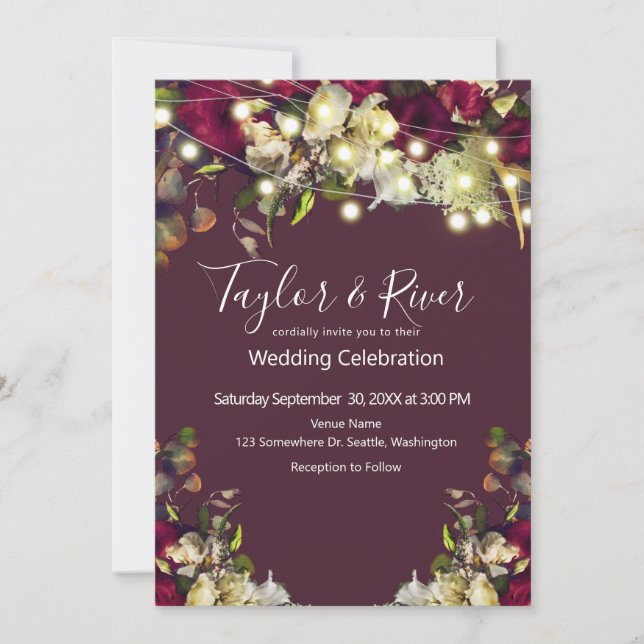Invitación Boda de los Rosas Marsala & Ivory Watercolor (Anverso)