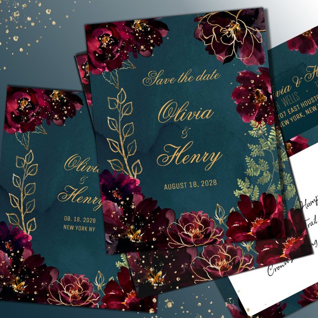 Invitación Boda De Los Tonos De Joyas De Burdeos verde azulad (Teal Bordeaux Jewel Tone Wedding Save The Date Invitation. Matching envelope sold separately.)