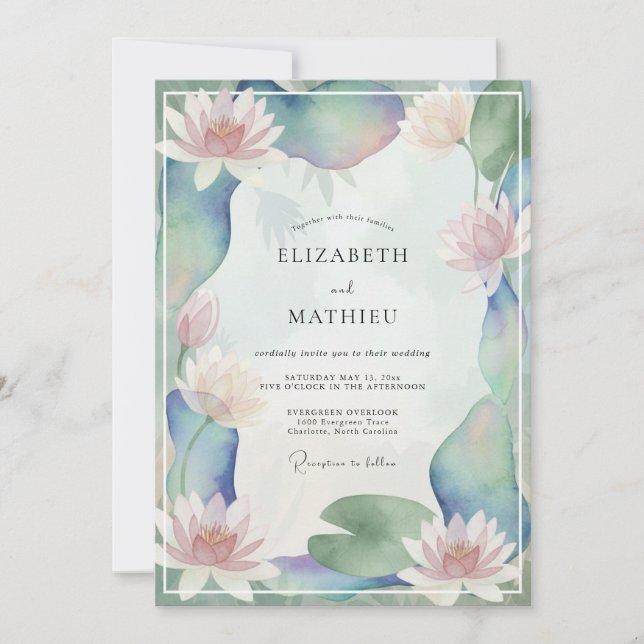 Invitación Boda de Loto Acuático Melocotón Eucalipto (Anverso)