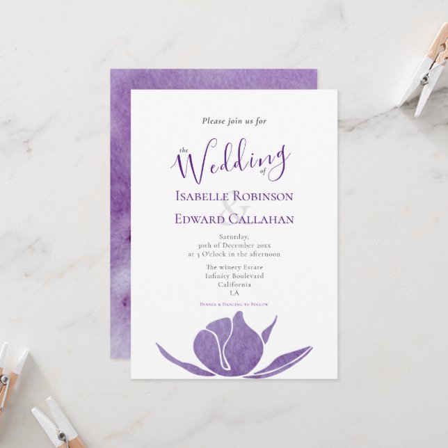 Invitación Boda de Lotus Floral Violeta Moderna (Anverso/Reverso In Situ)