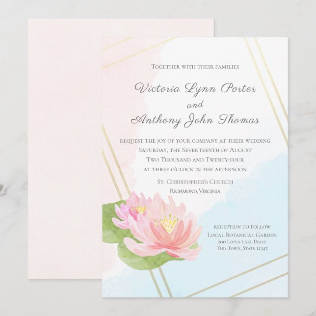 Invitación Boda de Lotus Watercolor Lake (Anverso / Reverso)