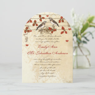 Invitación Boda de Lovebird Vintage de la hoja de otoño roja