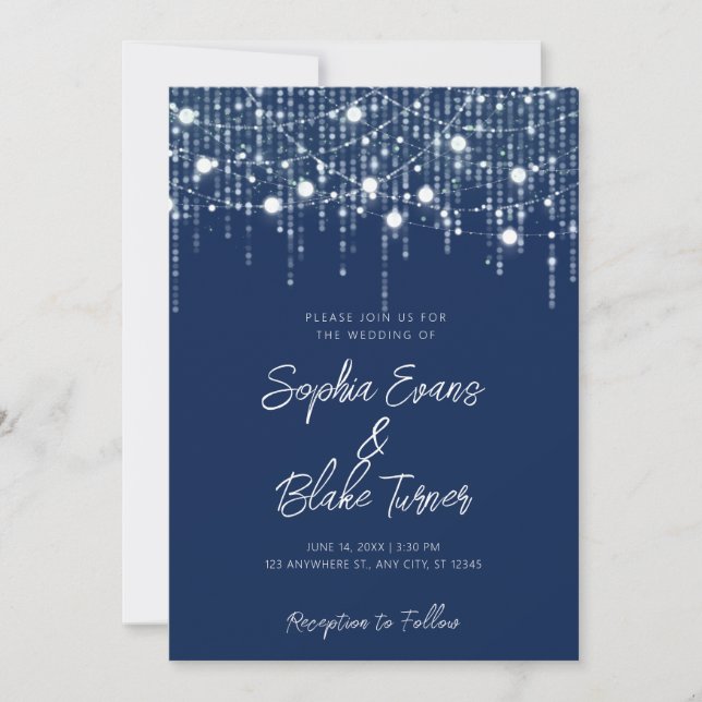 Invitación Boda de luces colgantes azules y blancas de la Mar (Anverso)