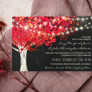Invitación Boda de luces de árbol y cadena de otoño rojas