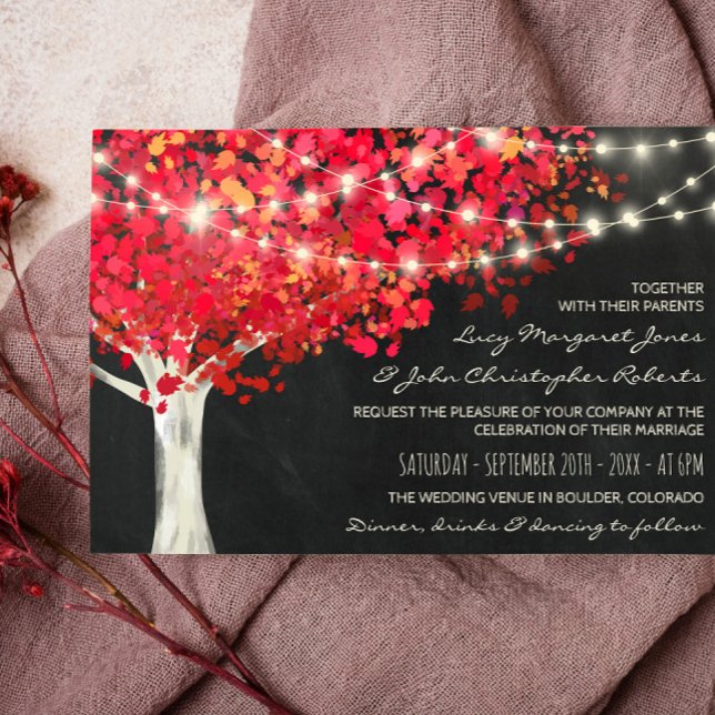 Invitación Boda de luces de árbol y cadena de otoño rojas (Subido por el creador)