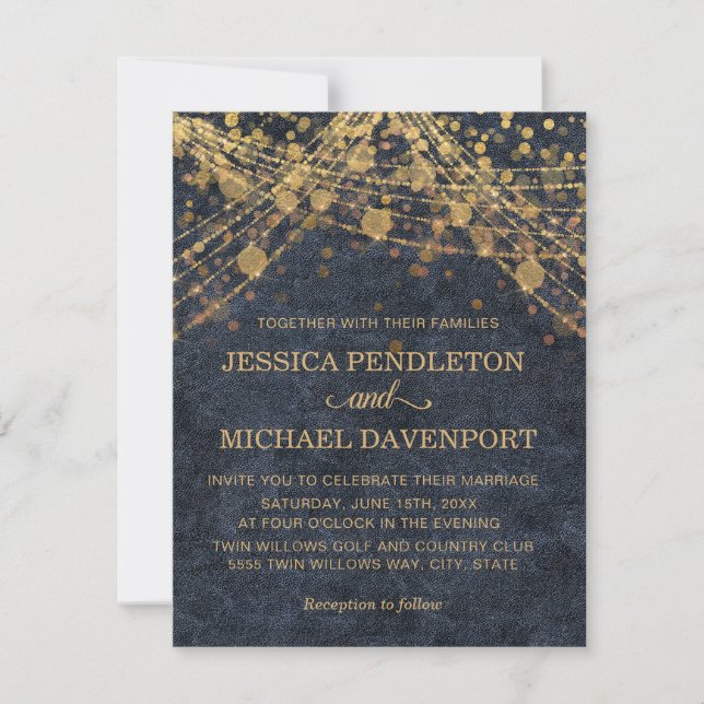 Invitación Boda de luces de cadena con brillo dorado azul mar (Anverso)