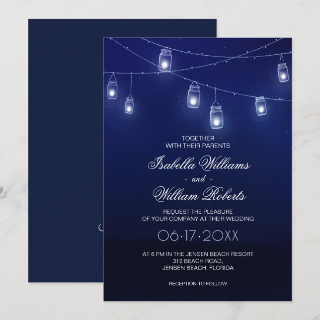 Invitación Boda de luces de cadena Navy Blue & Silver Mason J (Anverso / Reverso)