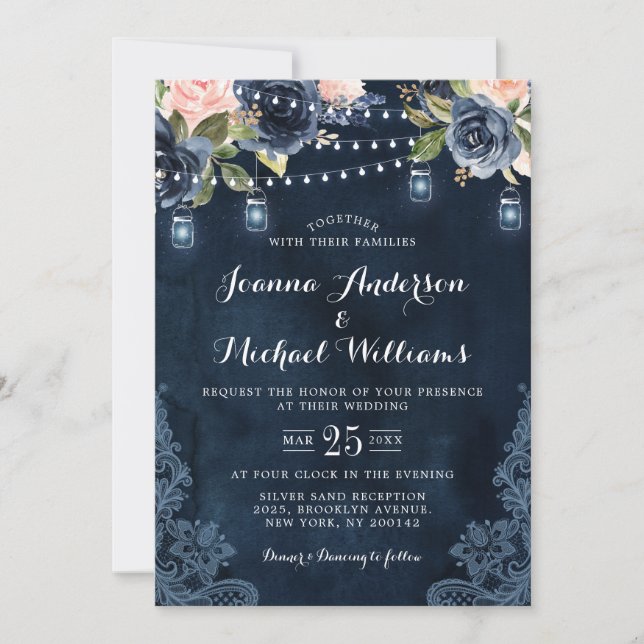 Invitación Boda de luces de cadena rosa rosa azul de la Marin (Anverso)