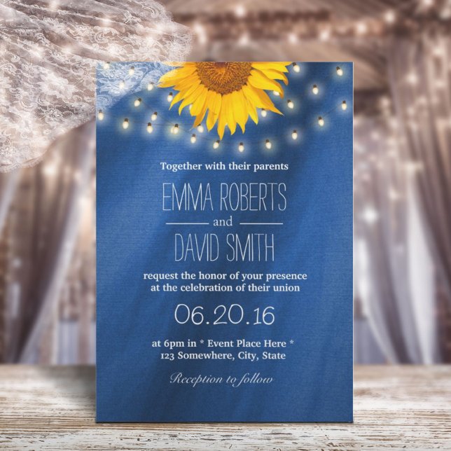 Invitación Boda de luces de cadena y girasol de país (Subido por el creador)