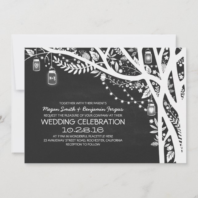 Invitación Boda de luces de cuerda de árbol de cartones de ca (Anverso)