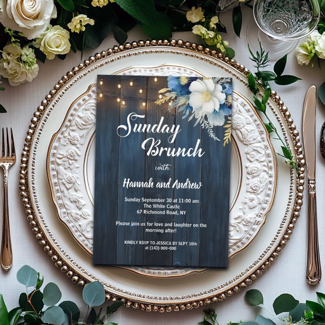Invitación Boda de luces de cuerda de madera azul de Brunch d (Subido por el creador)