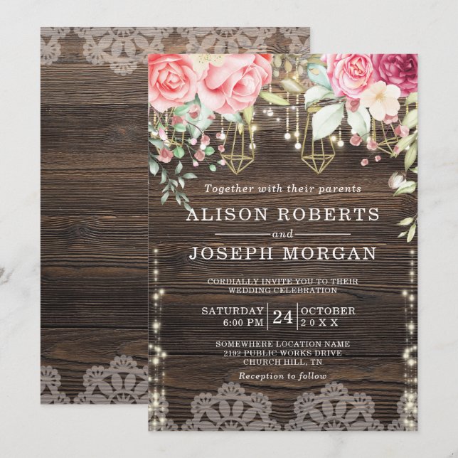 Invitación Boda de luces de cuerda floral de madera de estilo (Anverso / Reverso)