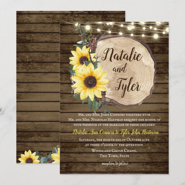 Invitación Boda de luces de cuerda rústicas de madera de gira (Anverso / Reverso)