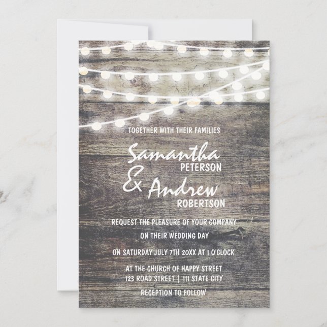 Invitación Boda de luces de cuerda y madera rústica (Anverso)