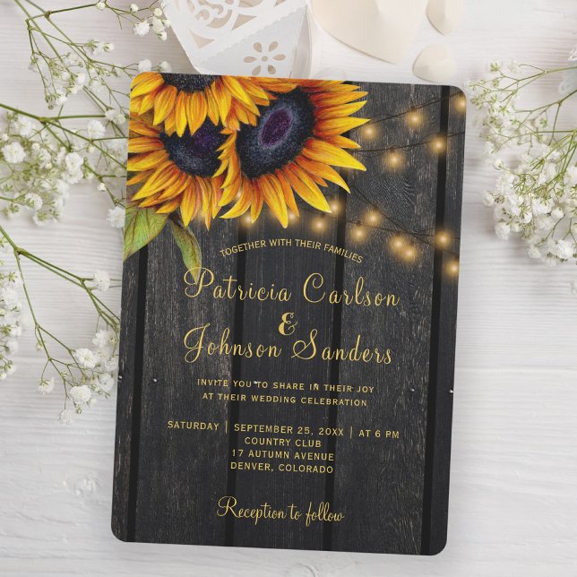 Invitación Boda de luces de cuerdas de girasol rústico (Subido por el creador)