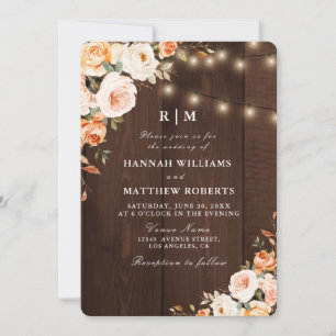 Invitación boda de luces de cuerdas rusticas florales de otoñ
