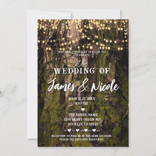 Invitación Boda de luces de destello del bosque de madera de  (Anverso)