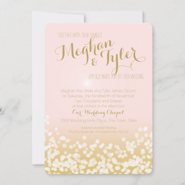 Invitación Boda de luces de destello rosadas y doradas de Rub (Anverso)