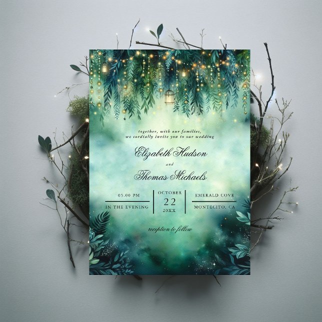 Invitación Boda de luces de hadas encantadas de los farolillo (enchanted forest fairy lights emerald green gold wedding invitation elegant formal modern classic)