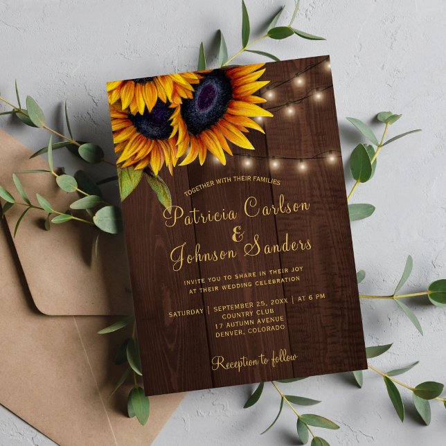 Invitación Boda de luces de madera de granero de girasol rúst (Subido por el creador)