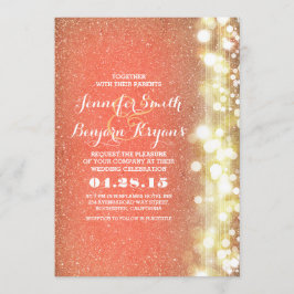 Invitación boda de luces de melocotón y purpurina dorado