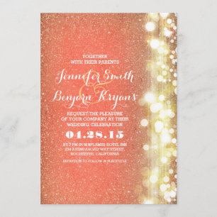 Invitación boda de luces de melocotón y purpurina dorado