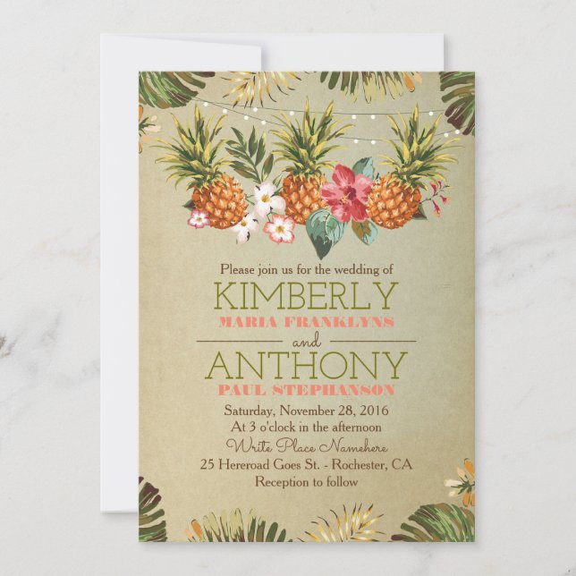 Invitación boda de luces de playa de piña tropical (Anverso)