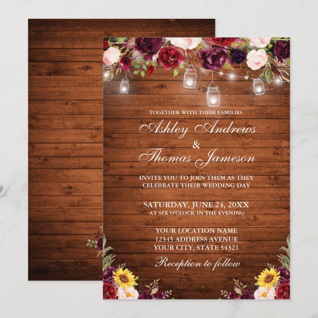 Invitación Boda De Luces Florales Mezcladas De Madera Rústica (Anverso / Reverso)