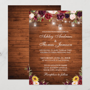 Invitación Boda De Luces Florales Mezcladas De Madera Rústica