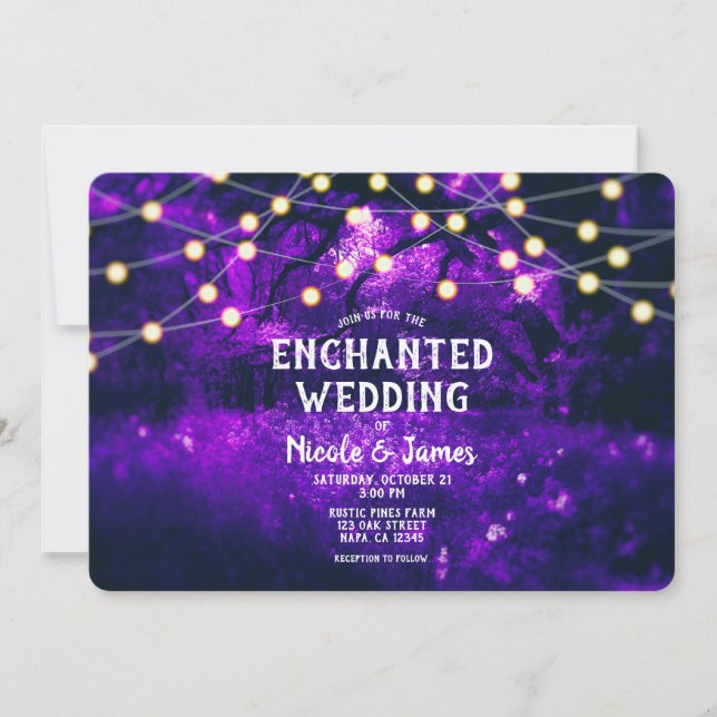 Invitación Boda de Luces Forestales Encantadas Rústicas Púrpu (Anverso)