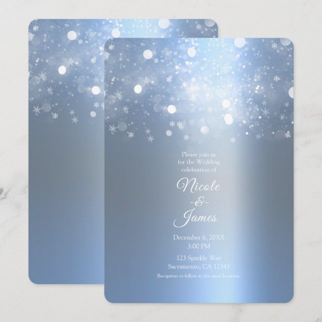 Invitación Boda de luces plateadas brillantes azul hielo de i (Anverso / Reverso)