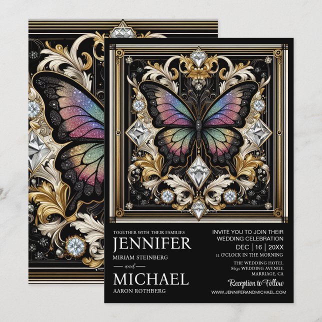 Invitación Boda de lujo Art Deco Mariposa Arcoíris  (Anverso / Reverso)