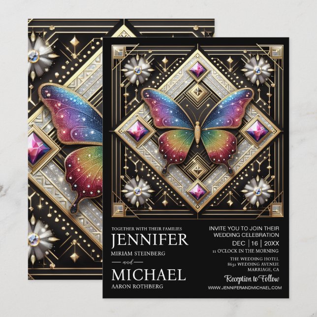 Invitación Boda de Lujo Art Deco Mariposa Arcoíris (Anverso / Reverso)
