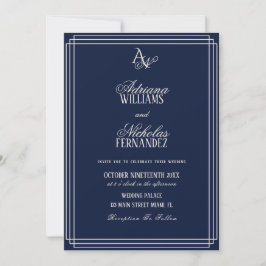 Invitación Boda de lujo azul marino monograma