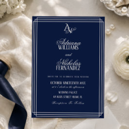 Invitación Boda de lujo azul marino monograma