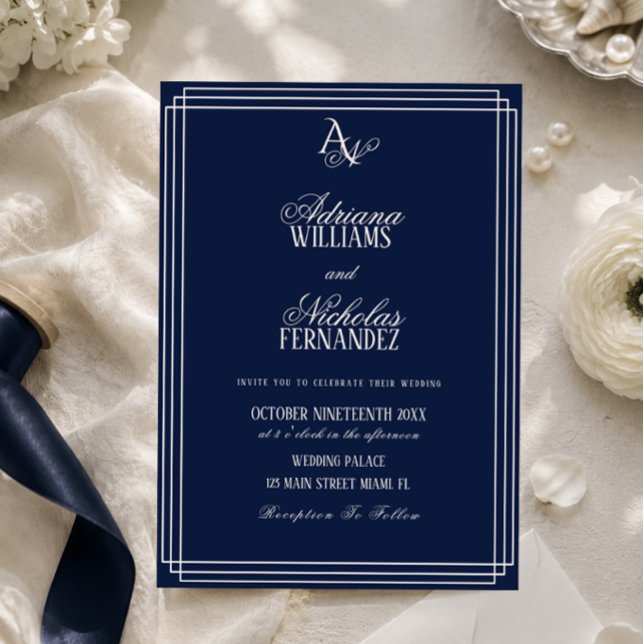 Invitación Boda de lujo azul marino monograma (Subido por el creador)