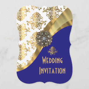 Invitación Boda de lujo azul marino y damasco dorado