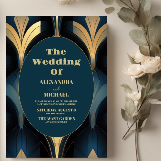 Invitación Boda de lujo azul y oro Art Deco (Subido por el creador)
