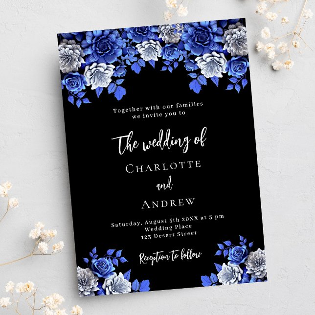 Invitación Boda de lujo Black royal blue florals (Subido por el creador)