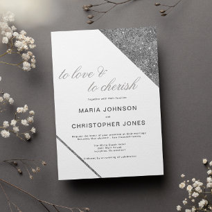 Invitación Boda de lujo blanca clásica con brillo de plata
