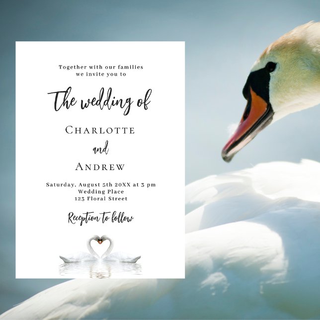 Invitación Boda de lujo blanco de pareja de cisnes (Subido por el creador)
