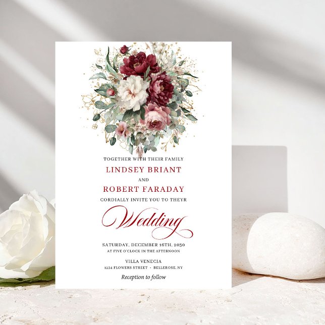 Invitación Boda de Lujo Boho Burgundy Blanco Floral Dorado  (Luxury Boho Burgundy White Floral Gold Wedding Invitation)