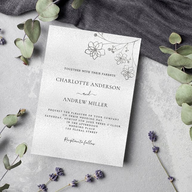 Invitación Boda de lujo botánico elegante floral plateado (Subido por el creador)
