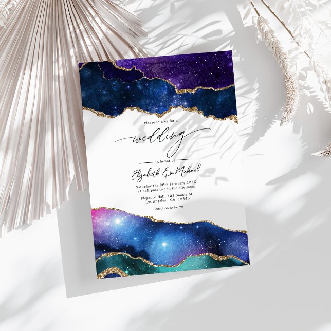 Invitación Boda de Lujo Celestial con Brillo Falso de Ágata d (Galaxy Agate Faux Glitter Celestial Luxury Wedding Invitation)