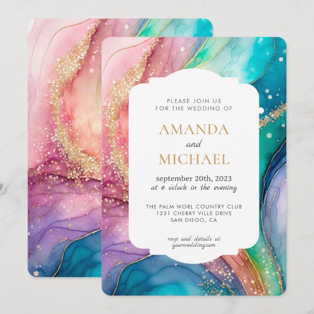 Invitación Boda de lujo con arcoíris pastel y tinta alcohólic (Anverso / Reverso)