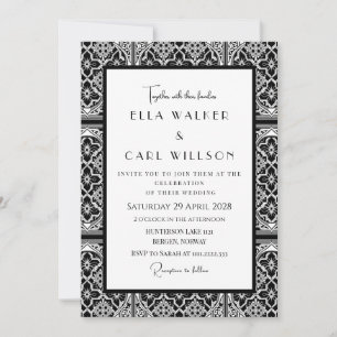 Invitación Boda de lujo con azulejos góticos en blanco y negr