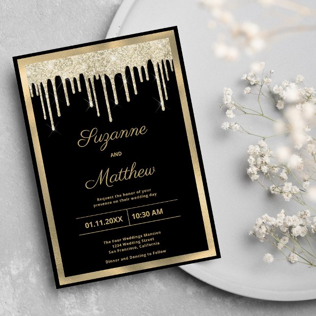 Invitación Boda de lujo con destellos de oro negro (Black gold luxury glitter drips wedding)