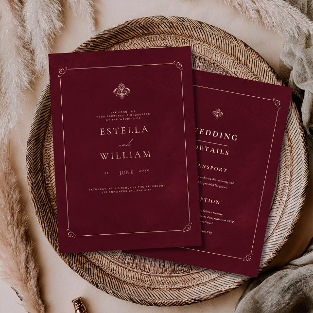 Invitación Boda de lujo con dinero antiguo Burgundy Clásico d (Subido por el creador)